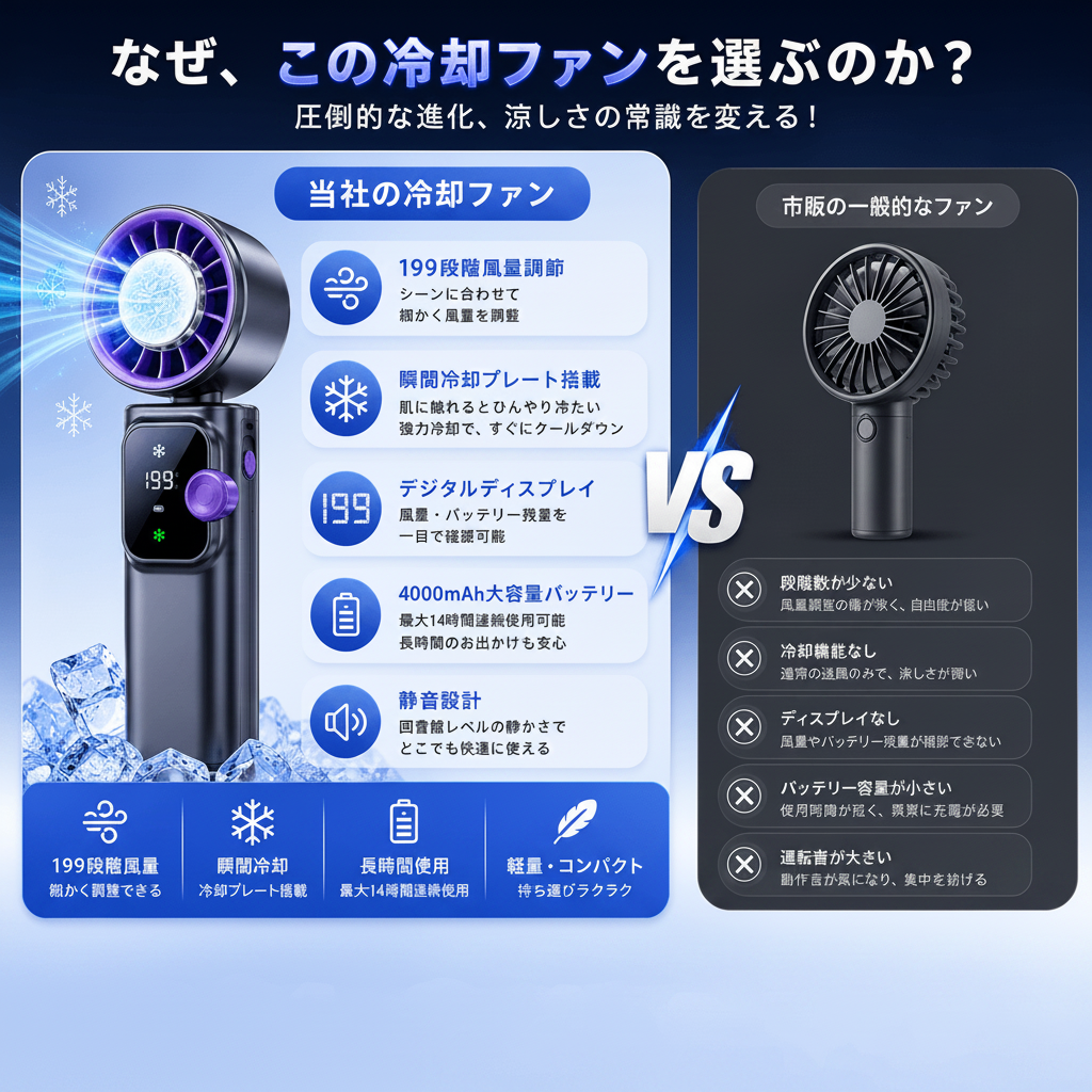 【2026次世代】航空級ポータブルクーラー | 瞬間冷却・199段階風量・4000mAh